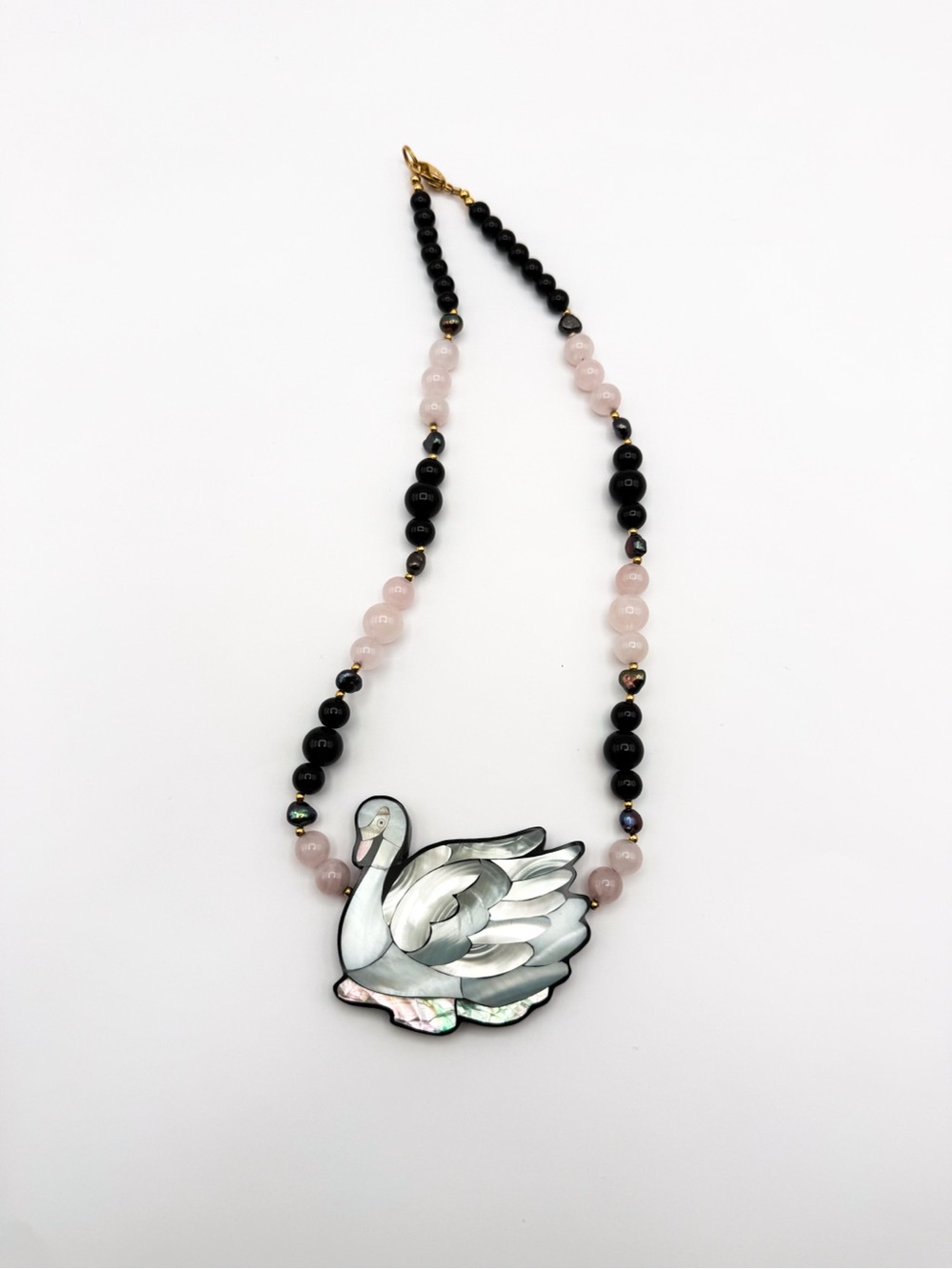 🦢 Lee Sands 🦢 Swan MOP Shell Inlay Pendant Pink and Black Beaded Necklace